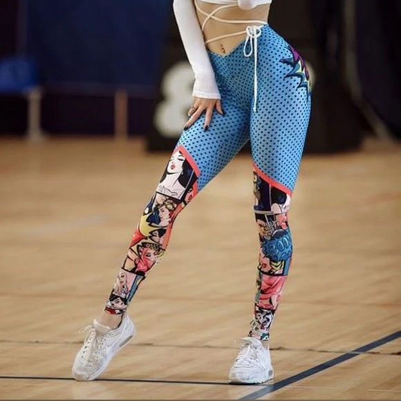 Blue black polka dot comic book pop art athletic work out gym yoga leggings - Picture 1 of 5